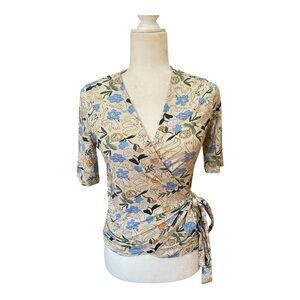 Eve Gravel Womens Melisse Wrapped Blouse Top Size Small V-Neck Floral Art Print